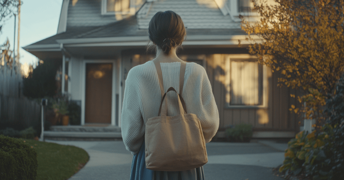 Nanny standing outside a family’s home on her first day of work.