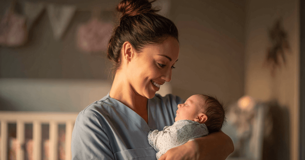Newborn care specialist gently holding a sleeping infant during overnight care.