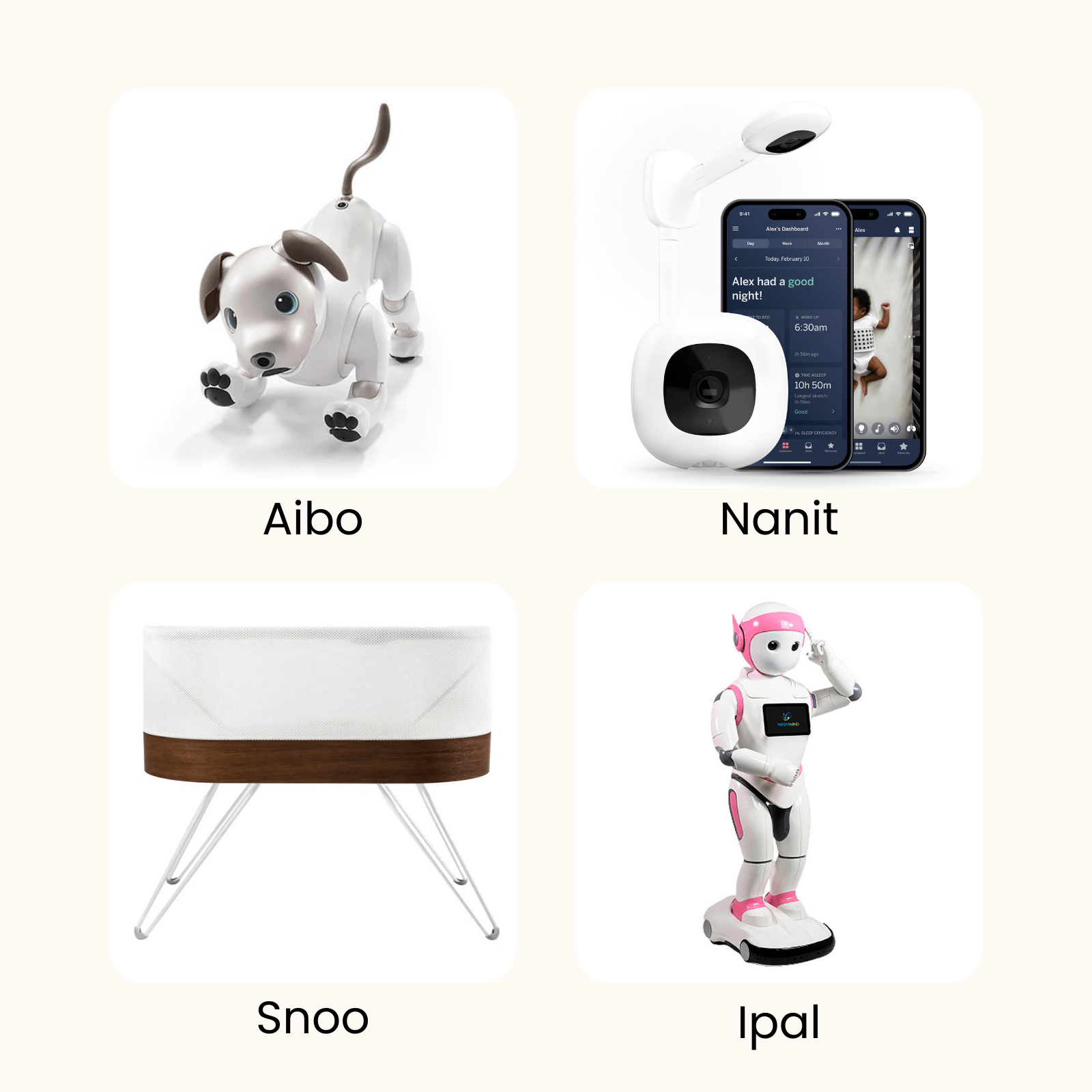 Chart of AI childcare tools including Nanit baby monitor, Miko educational robot, Ipal daycare robot, and Sony Aibo companion dog.