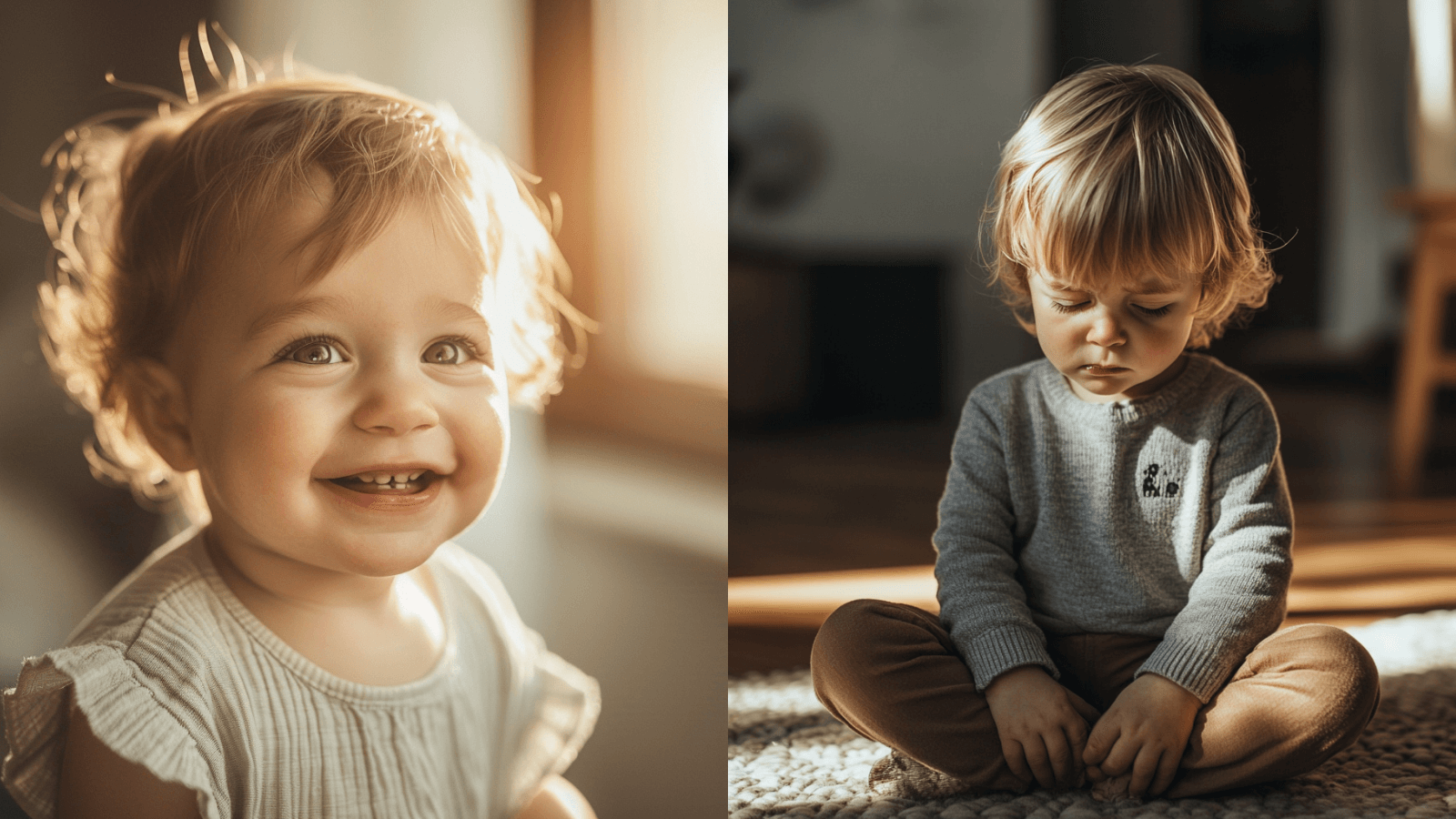 Collage showing a smiling baby and a sad baby, illustrating emotional contrasts that human caregivers understand better than AI