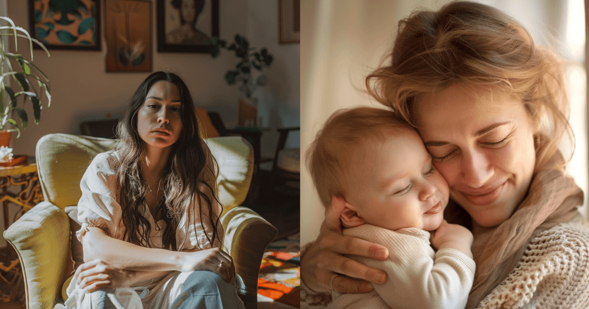 Side-by-side images of a thoughtful young woman sitting alone and a smiling mother cuddling her baby, showing contrasting life stages.